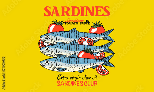 Retro artwork of sardines in tomato sauce. Vintage illustration for tinned fish packaging, seafood poster, t shirt print
