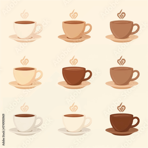 Nine cups of coffee with steam on saucers are carefully arranged for a cozy coffee shop menu or caffeinerelated marketing materials.