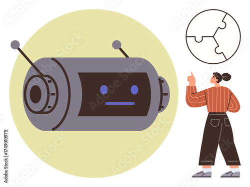 Robot with a neutral face and antennae, woman pointing to a circular puzzle. Ideal for AI, robotics, innovation, problem-solving, collaboration, future technology education. A simple flat metaphor