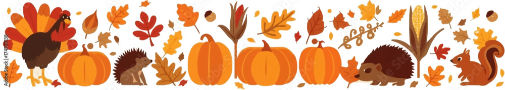 Fototapeta premium Festive autumn scene featuring leaves, pumpkins, and animals is perfect for fallthemed design projects, seasonal marketing materials, and autumn decor.