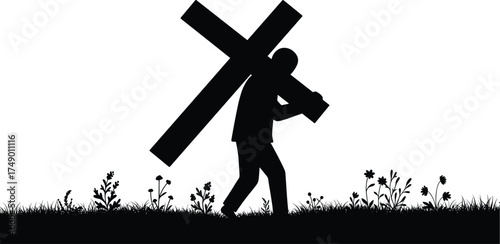 Silhouette of man carrying large cross, Christian symbolism, sacrifice and burden, religious faith concept, spiritual journey, black white illustration design