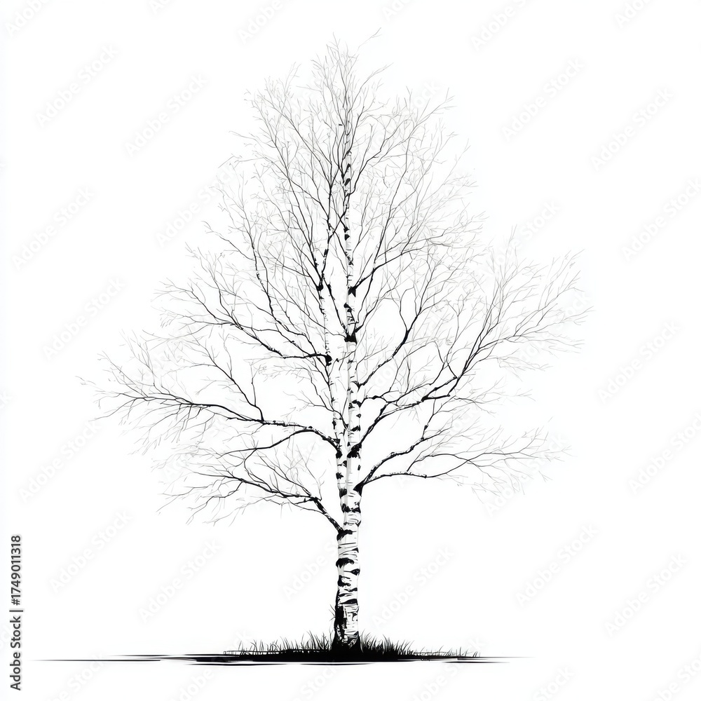 Obraz premium Detailed monochrome illustration of a bare birch tree against a white background.
