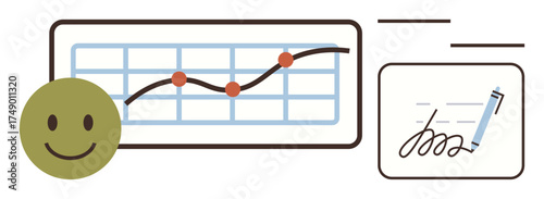 Growth trend chart with plotted points, signature on a document, and happy face representing success. Ideal for analytics, business growth, progress tracking, success, agreements, positivity
