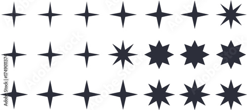 Sparkles stars and bursts vector set with twinkling star icons in black on transparent background