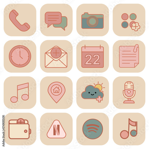 Minimal Pastel App Icon Set – Aesthetic Flat Line Icons for Smartphone, Social Media, and Productivity Apps