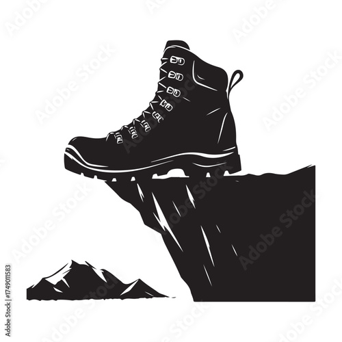 Hiking boots on mountain ledge vector silhouette sketch art logo illustration
