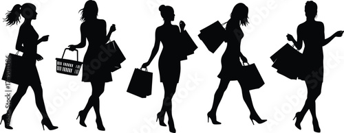 Shopping women silhouettes, carrying bags, fashion lifestyle, retail purchase, consumerism, stylish walking, elegance, modern shopping concept, female buyers, urban retail trend, commerce