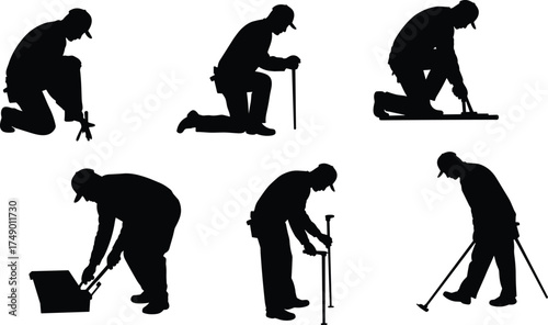 Construction worker silhouettes, using tools, measuring, fixing, repairing, building, manual labor, craftsmanship, maintenance, handyman work, industrial job, engineering profession, accuracy
