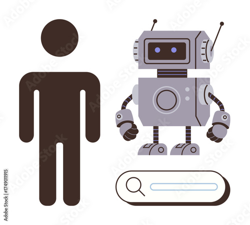 Silhouette of a person beside a friendly robot and a search bar highlights AI, innovation, human-machine interaction, digital collaboration, future technology. Ideal for business, research