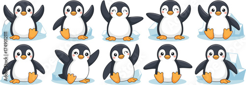Ten Cute Cartoon Penguins Waving and Sitting on Ice animal