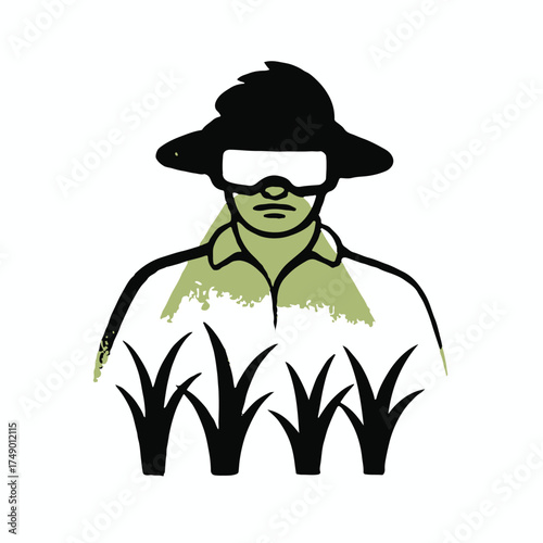 A diligent farmer tending to a lush green rice paddy field under a clear sky symbolizing agriculture and harvest isolated on white background