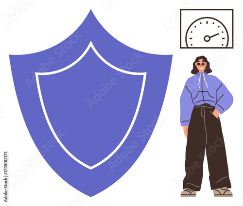 Confident woman stands beside a large shield and speedometer, symbolizing protection, assurance, and efficiency. Ideal for security, speed, safety, reliability, empowerment technology balance