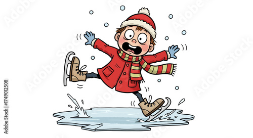 A child in a red coat and hat slips on ice while ice skating during winter
