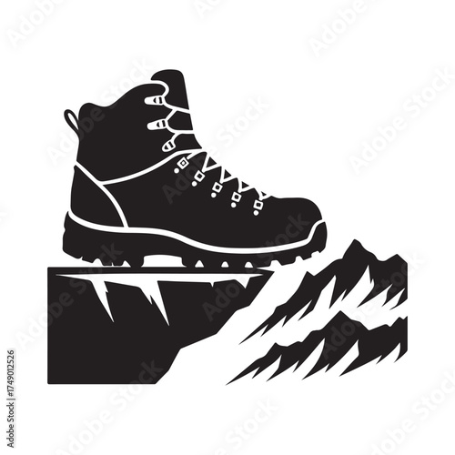 Hiking boots on mountain ledge vector silhouette sketch art logo illustration