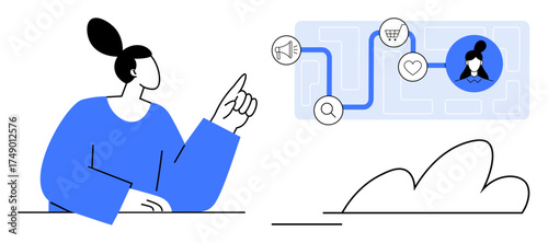 Woman pointing at a diagram with connected icons for marketing, shopping, and user profile. Ideal for customer journey, interaction, analytics, planning, strategy, design thinking simple flat
