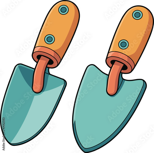 Two Cartoon Garden Trowels with Orange and Teal Handles gardening tool
