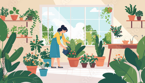 Woman watering plants in bright greenhouse