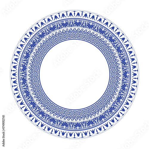 Round blue porcelain plate with arabesques, floral ornament. Patterns of Greece, ancient Rome. Circle european border. Typical egyptian, chinese, greek motive. For textile, embroidery, porcelain