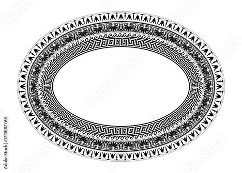 Greek oval floral meander, key meander. Black seamless classic greek ornament. Endless European pattern border. Border Ancient Greece, Roman Empire. For textile, engraving, embroidery, porcelain