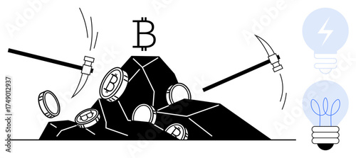 Pickaxes mining Bitcoins and coins from rocks, symbolizing cryptocurrency mining and blockchain technology. Ideal for finance, tech, innovation, investment, digital assets, cryptocurrency, economics