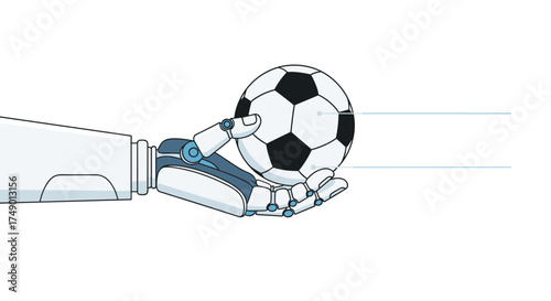 A robotic arm skillfully holds a classic black and white soccer ball with a laser beam passing through it.