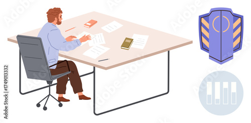 Man organizing papers at a desk surrounded by books and stationery. Shield icon symbolizes safety or security, and bookshelf icon represents knowledge. Ideal for business, law, security, learning