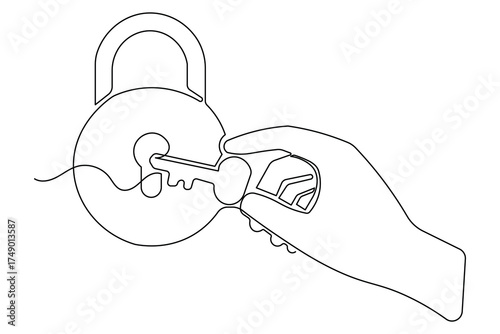 Modern minimalist lock icon in one continuous line art outline
