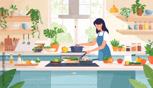 Woman cooking healthy meal in bright kitchen