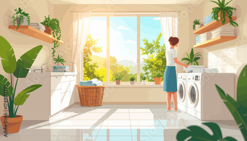 Woman doing laundry in bright sunlit room