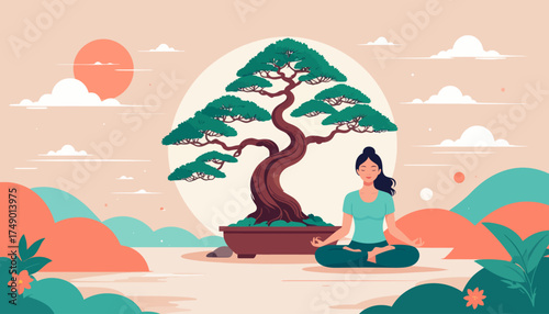 Woman meditating near bonsai tree in peaceful landscape