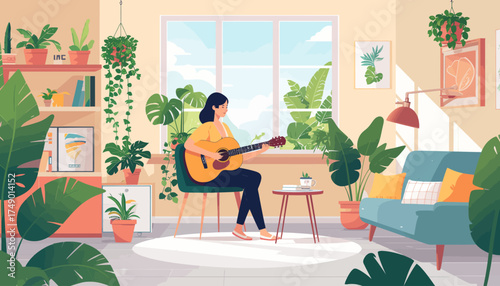 Woman playing guitar in cozy room with plants