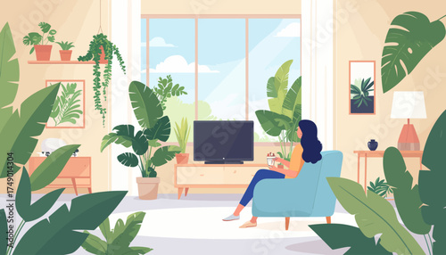 Woman relaxing at home with plants and television