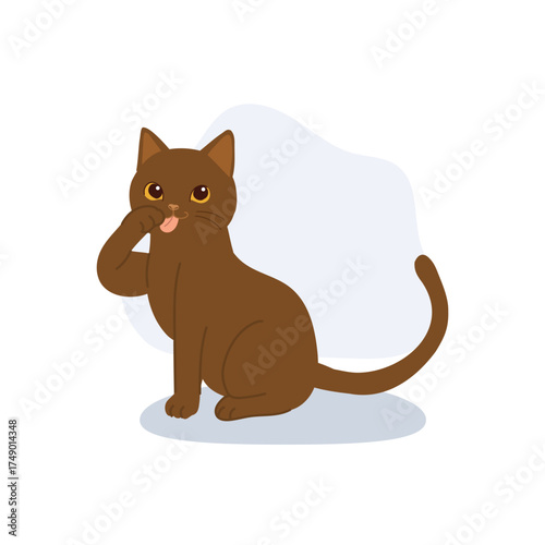 cute brown cat licking its paw while sitting showing self grooming behavior perfect for pet care or animal illustration themes