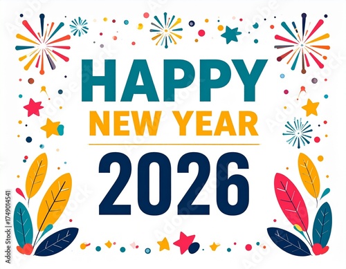 Professional Caption:
Colorful floral illustration with decorative typography about upcoming new year 2026, featuring vibrant flowers, leaves, on a smooth and clean background