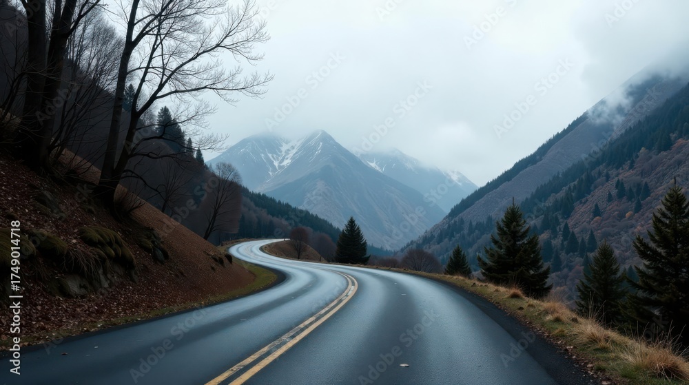Fototapeta premium A Winding Asphalt Road Through a Mountain Valley on an Overcast Day