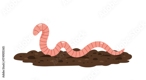 Cartoon Earthworm Crawling on Soil Surface Illustration.