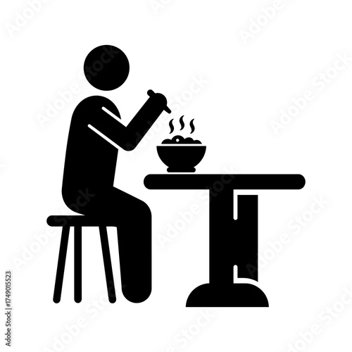 A black silhouette icon of a person sitting at a table and eating a hot meal from a bowl with chopsticks.