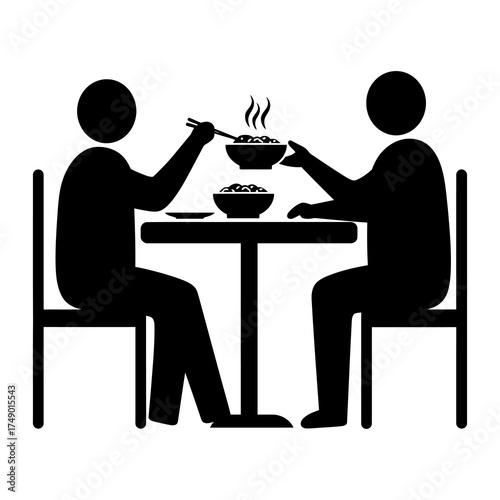 Silhouette of two people sitting at a table eating a hot meal together with chopsticks from bowls.