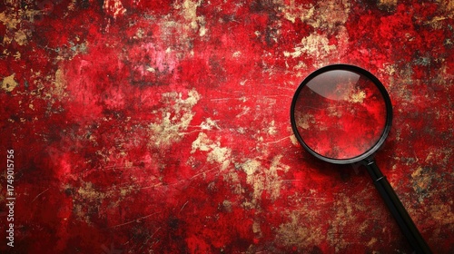 Magnifying glass on a textured red and gold background examining details