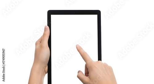 Male hands holding a digital tablet with a blank screen, finger tapping it. Isolated on transparent background, png
