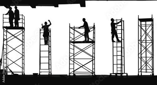 Scaffolding workers silhouettes, construction teamwork safety, industrial maintenance site, elevated platforms indoors, building renovation, laborers on scaffolds, occupational safety teamwork, 