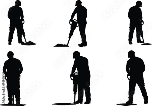 Silhouette, worker, jackhammer, construction, demolition, industrial, labor, equipment, tool, vibration, heavy, machine, operator, posture, action, site, safety, power,