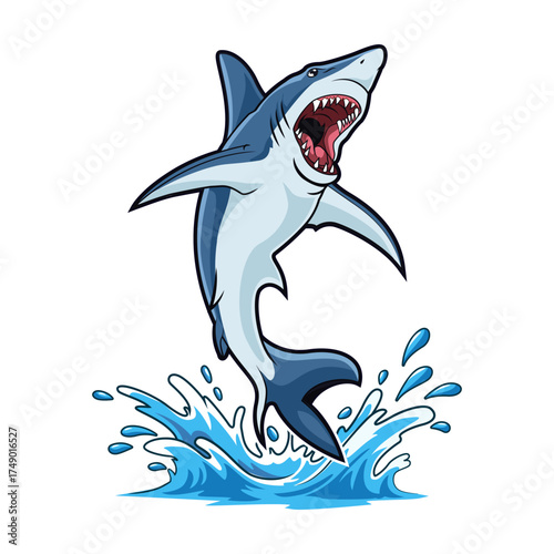 Aggressive shark leaping out of water with mouth open, splashing water around it in an illustration