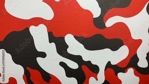 Bold camo pattern in red, black and white creates edgy visual statement, ideal for modern designs