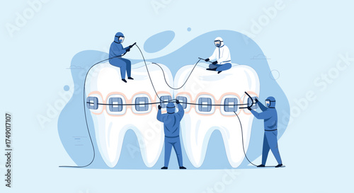A team of people working together to put braces on two large teeth with dotted lines connecting them.