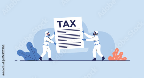 Two people in hazmat suits carefully holding a large tax document. This illustration depicts the complex and potentially hazardous nature of tax preparation and filing processes.