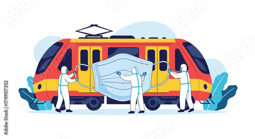 People in hazmat suits putting a face mask on a train to protect it from viruses.