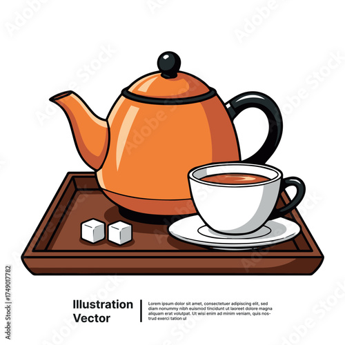 Orange teapot and teacup set on a wooden tray with sugar cubes for relaxation and comfort