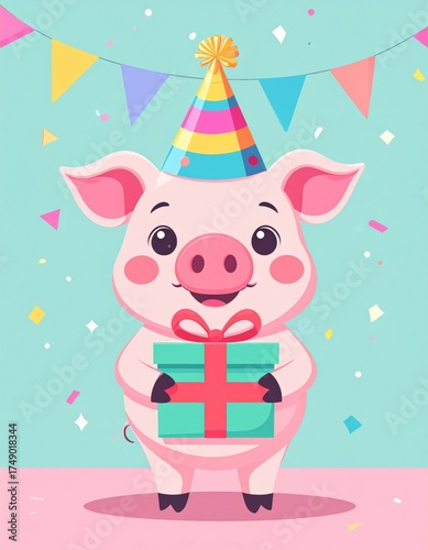 A cheerful cartoon pig wearing a party hat holds a gift box surrounded by colorful decorations and confetti, creating a festive atmosphere.