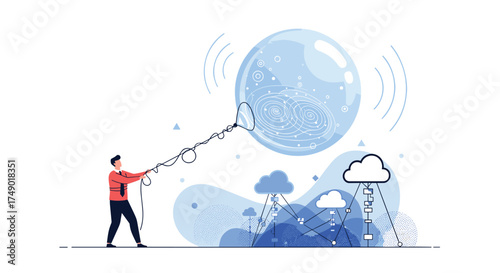 A person creates a large bubble using a wand and rope as clouds with rain descend.